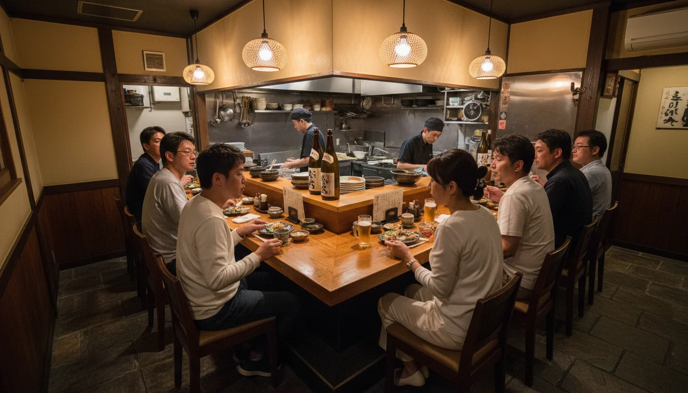 木製カウンターと丸椅子が一直線に並ぶ夜の居酒屋店内