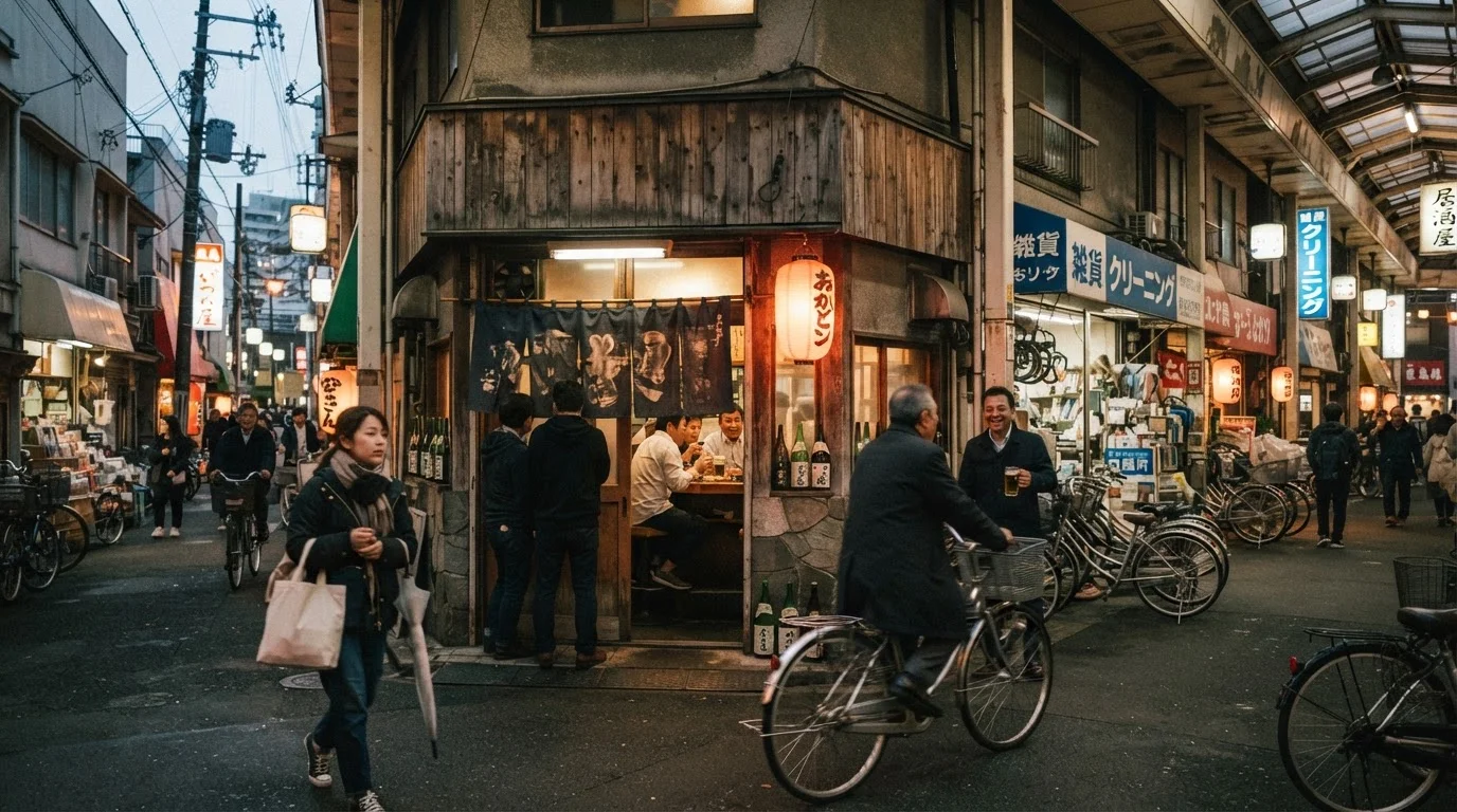 夕方の西宮東口通り商店街に面した飲食店の外観