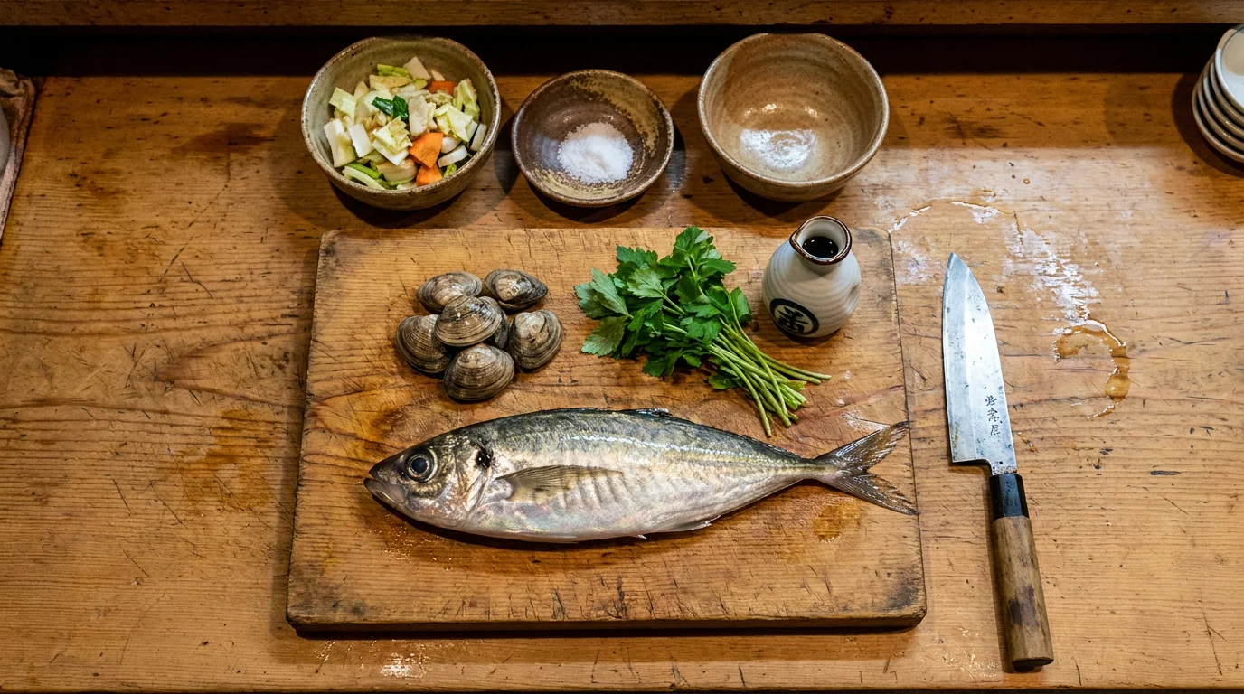 鮮魚、包丁、網など魚料理に使う道具が木の作業台に並ぶ様子