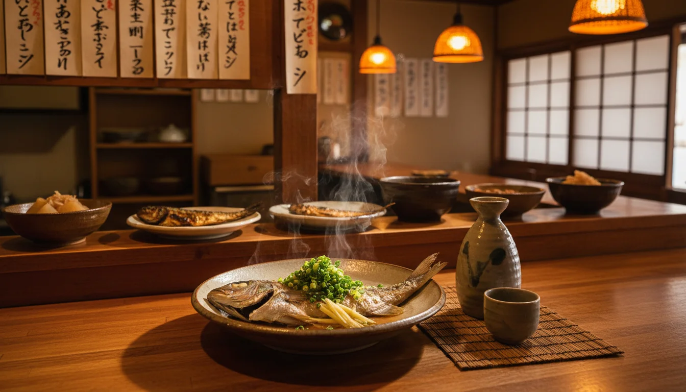 湯気の立つ魚料理と徳利が置かれた木のカウンター