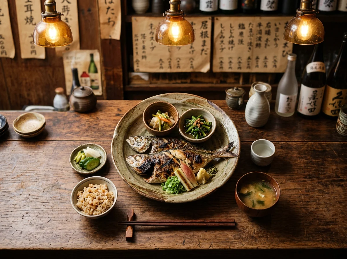 木の皿に彩りよく盛り付けた刺身と薬味