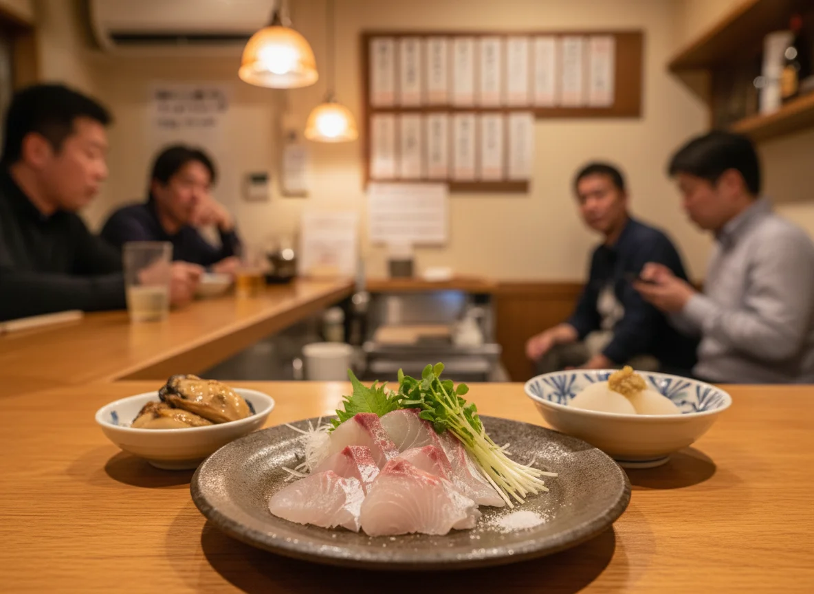 木のカウンターに置かれた日本酒と小鉢料理