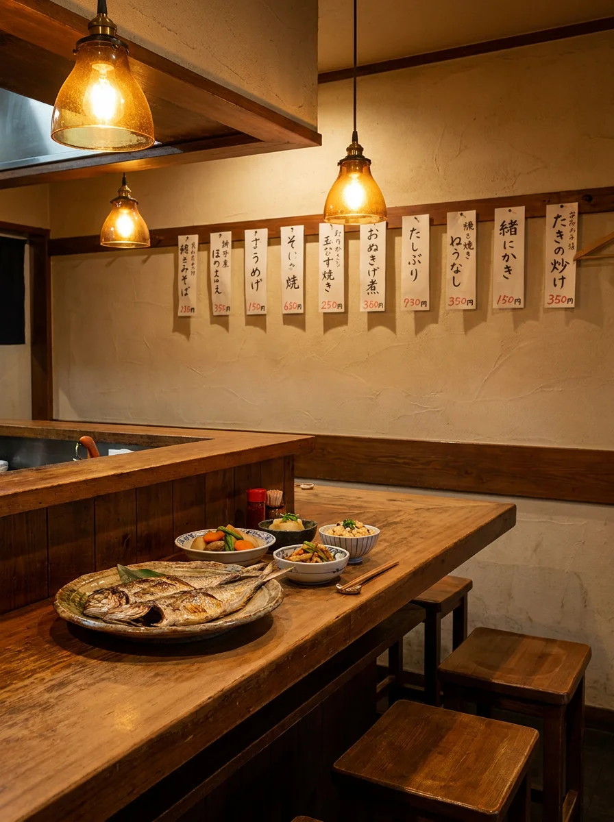 白衣姿の店主が木のカウンターで鮮魚を手に取り、調理の準備をしている様子