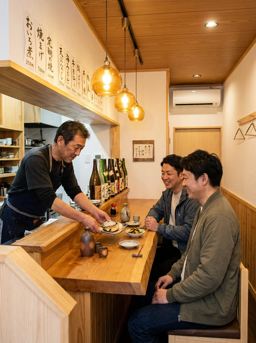 カウンター席で小鉢料理と日本酒を用意しながら来店客に笑顔を向けるスタッフ